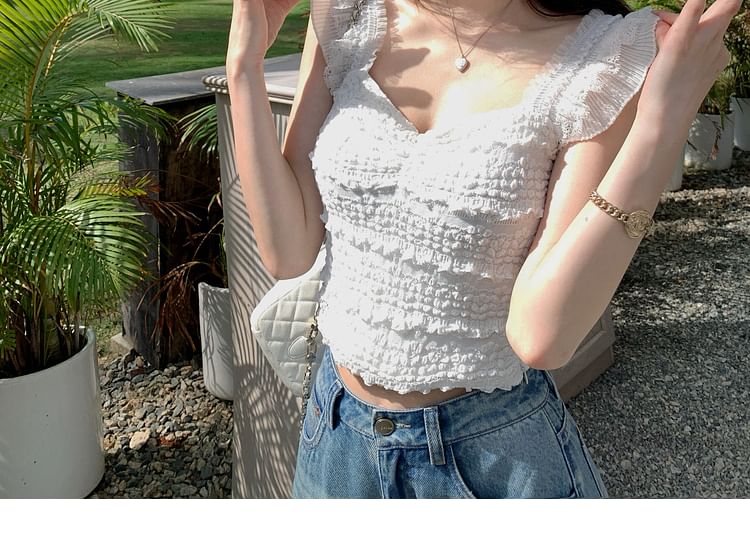 Smocked Ruffled Lace Crop Camisole Top