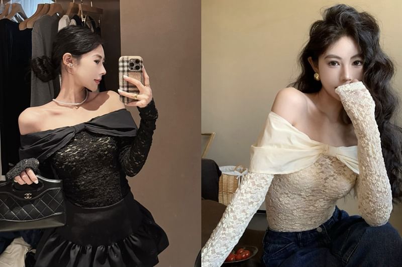 Off Shoulder Long-Sleeve Lace Top
