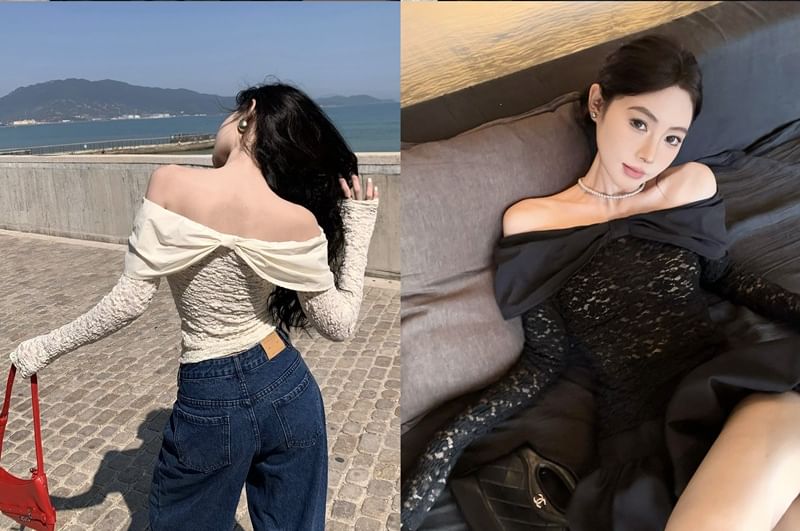 Off Shoulder Long-Sleeve Lace Top