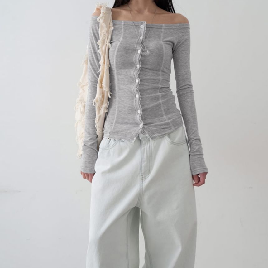 Long Sleeve Off Shoulder Lace Trim Button Up Top