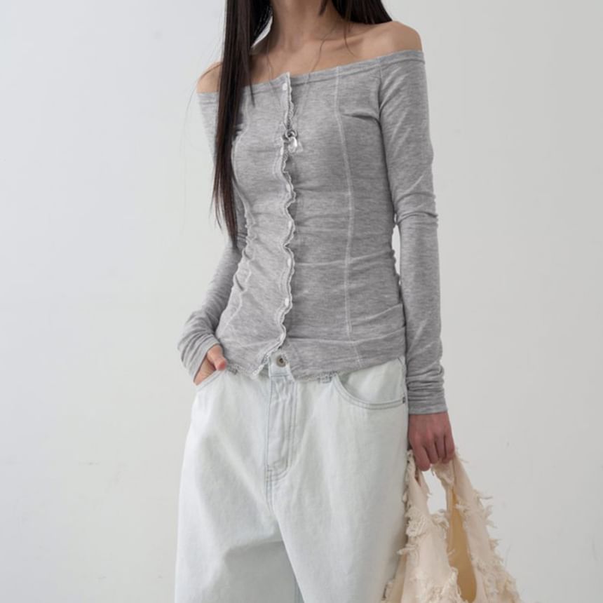 Long Sleeve Off Shoulder Lace Trim Button Up Top