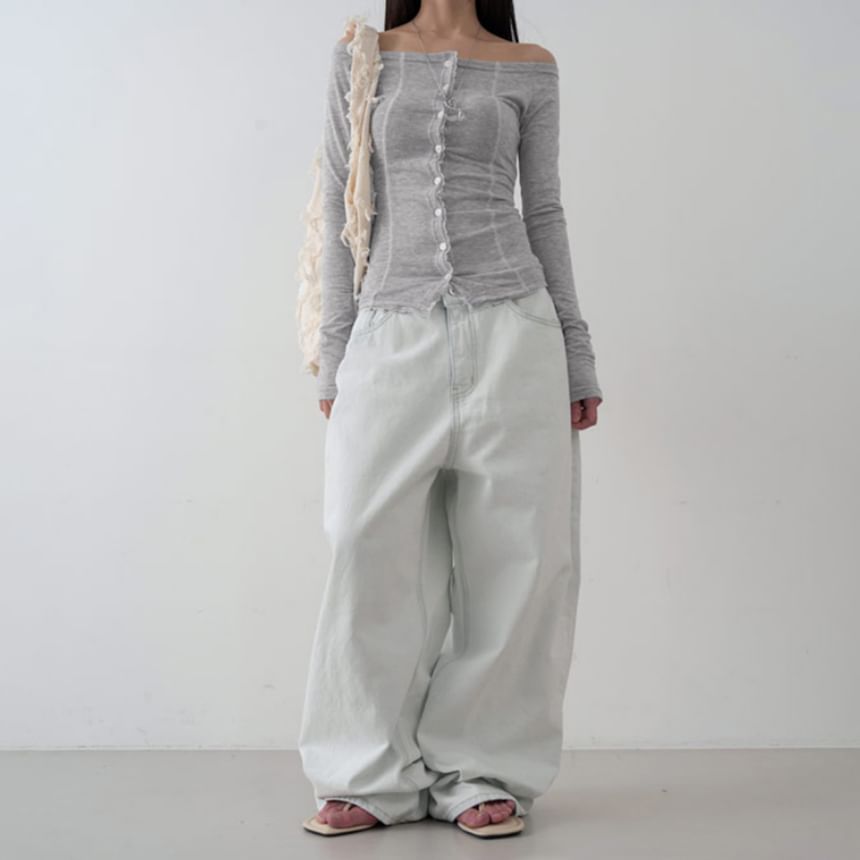 Long Sleeve Off Shoulder Lace Trim Button Up Top