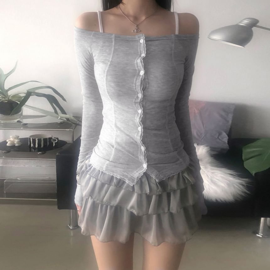 Long Sleeve Off Shoulder Lace Trim Button Up Top