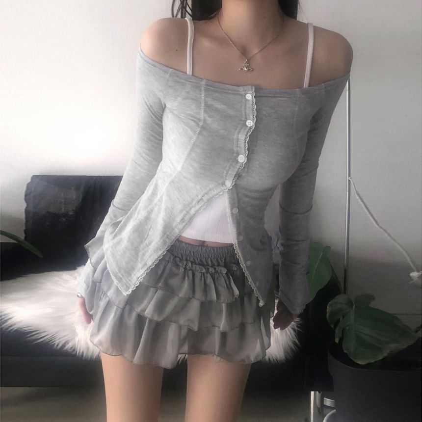 Long Sleeve Off Shoulder Lace Trim Button Up Top