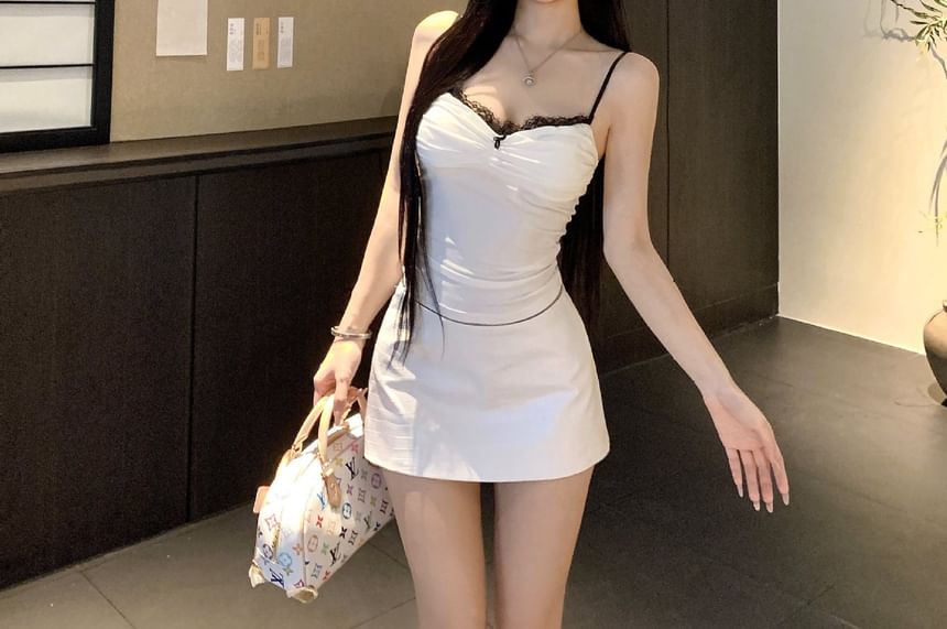 Lace Trim Crop Camisole Top and Mini Skirt