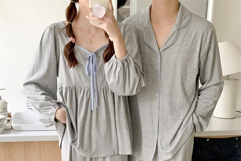 Couple Matching Pajama Set: Long-Sleeve V-Neck Top + Pants