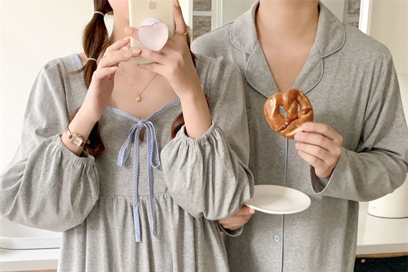 Couple Matching Pajama Set: Long-Sleeve V-Neck Top + Pants