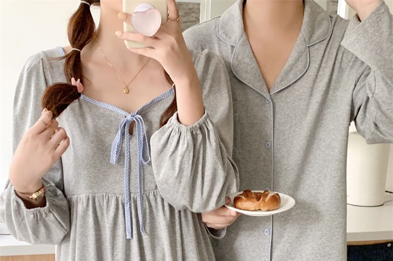 Couple Matching Pajama Set: Long-Sleeve V-Neck Top + Pants