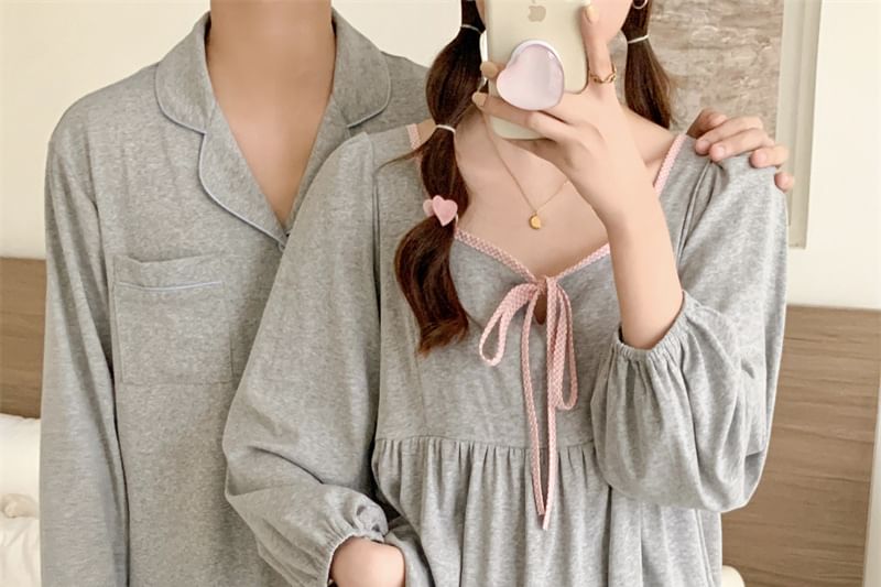 Couple Matching Pajama Set: Long-Sleeve V-Neck Top + Pants