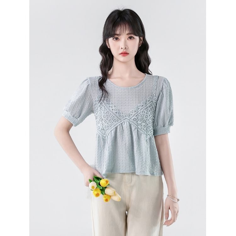 Elbow-Sleeve Lace Panel Crop Blouse