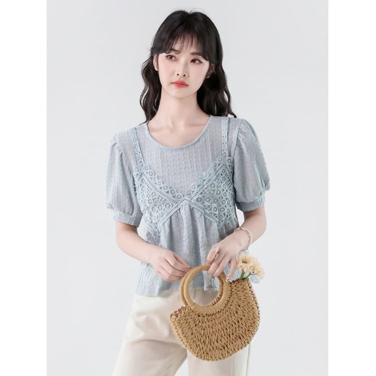 Elbow-Sleeve Lace Panel Crop Blouse