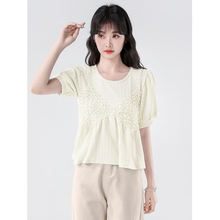 Elbow-Sleeve Lace Panel Crop Blouse