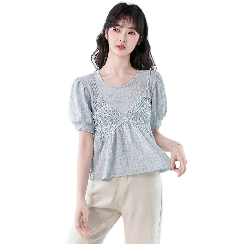 Elbow-Sleeve Lace Panel Crop Blouse