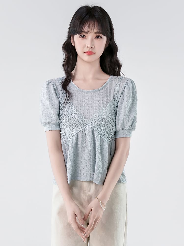 Elbow-Sleeve Lace Panel Crop Blouse