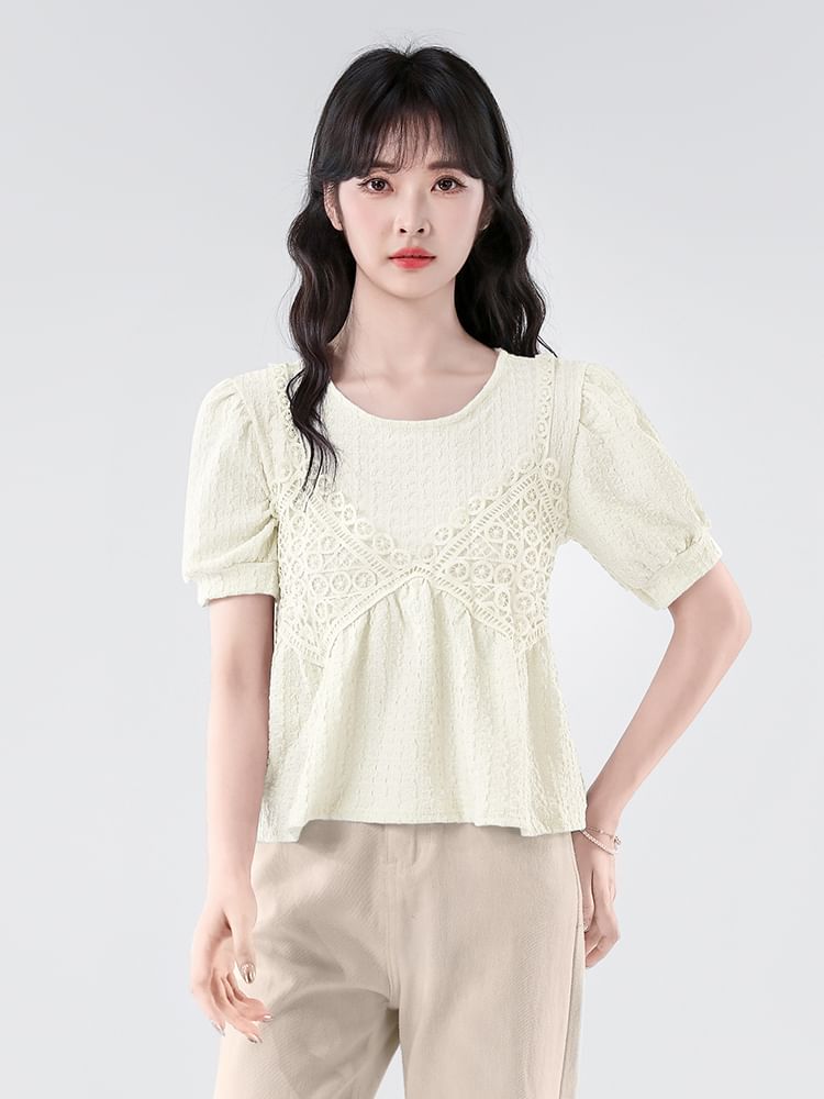 Elbow-Sleeve Lace Panel Crop Blouse