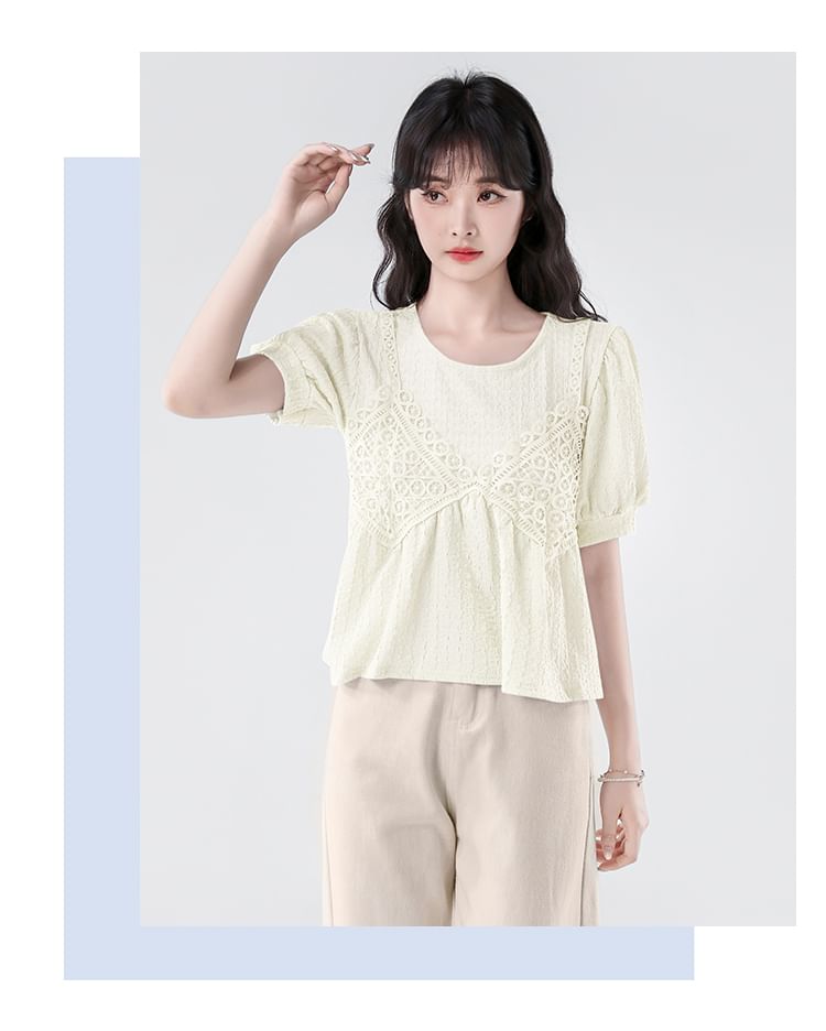 Elbow-Sleeve Lace Panel Crop Blouse