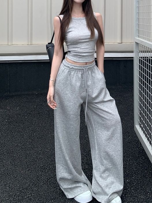 Open-Back Round-Neck Crop Tank & Baggy Drawstring Pants Set