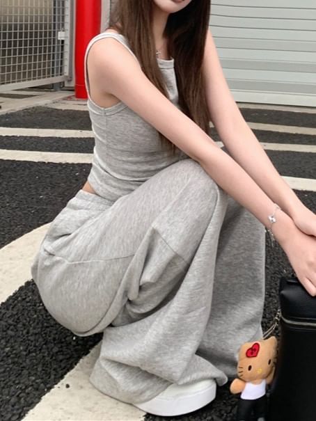 Open-Back Round-Neck Crop Tank & Baggy Drawstring Pants Set