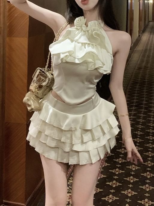 Halter Ruffle Crop Top & Pleated High-Waisted Skort