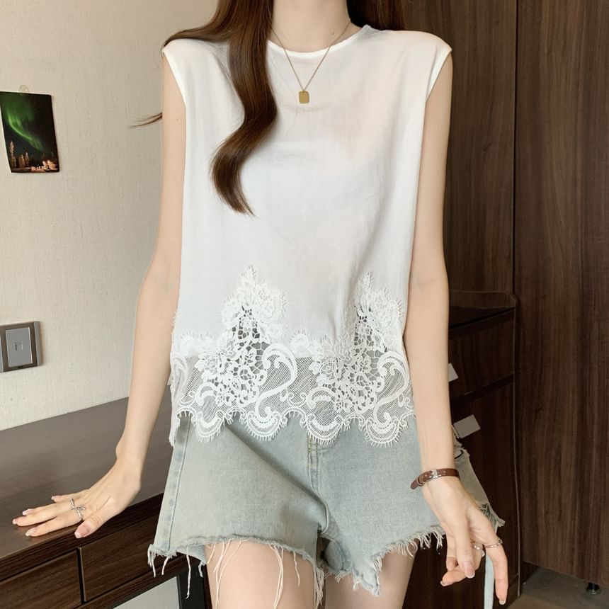 Crew Neck Lace Trim Sleeveless Top