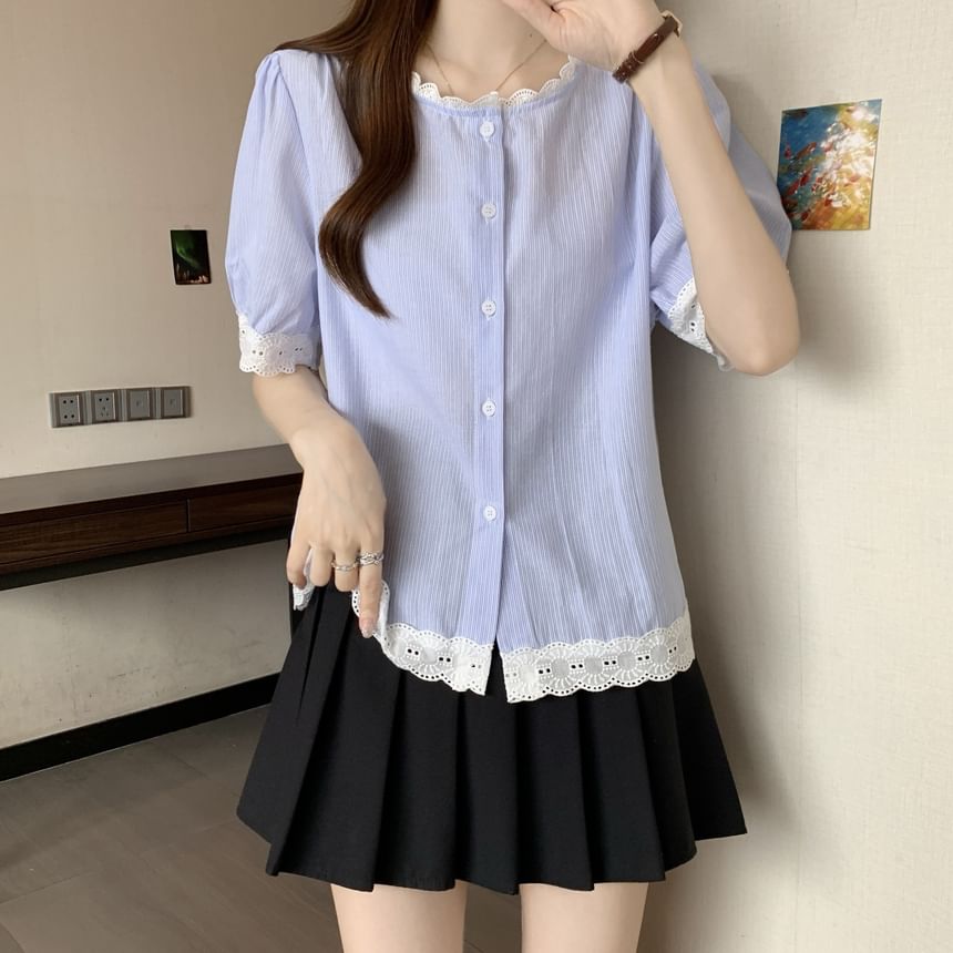 Short-Sleeve Lace Button Blouse