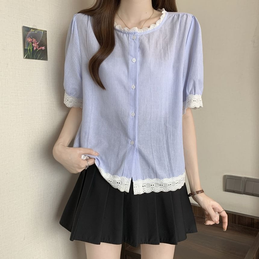 Short-Sleeve Lace Button Blouse