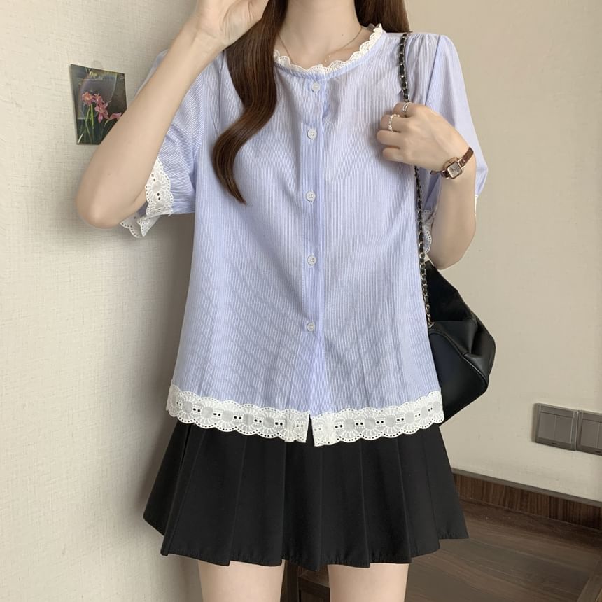 Short-Sleeve Lace Button Blouse