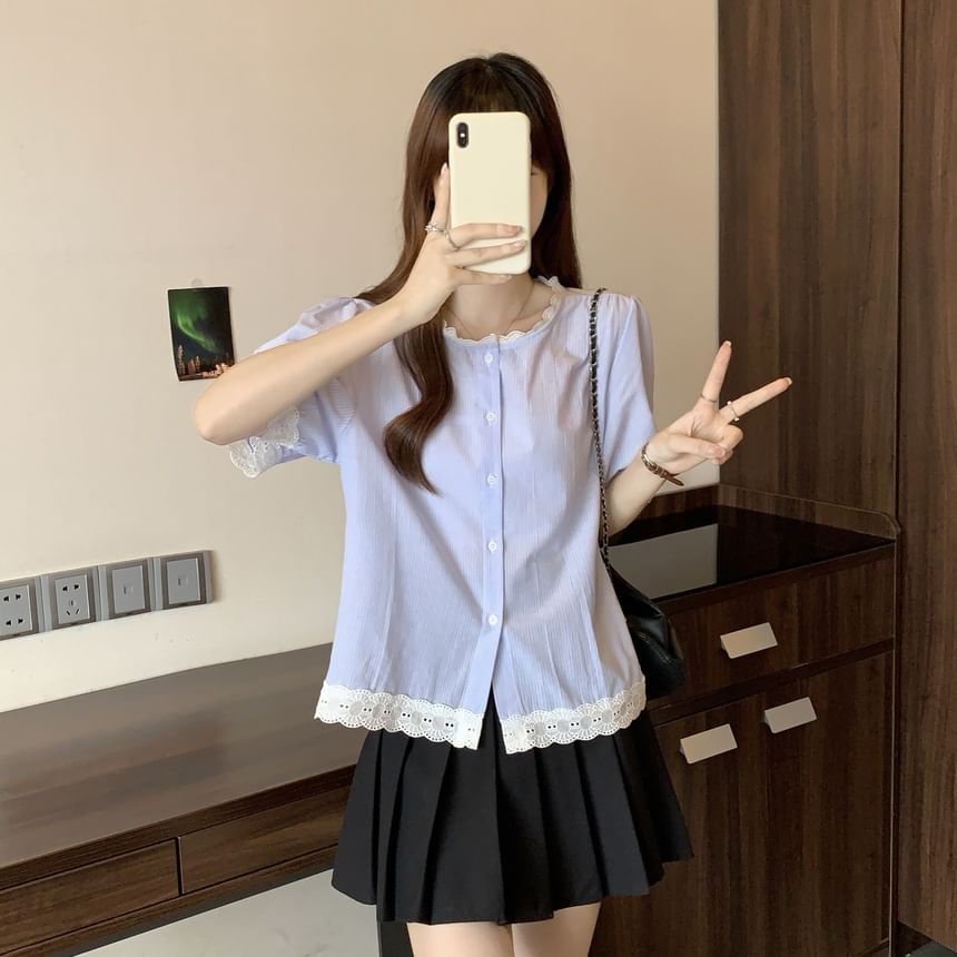 Short-Sleeve Lace Button Blouse