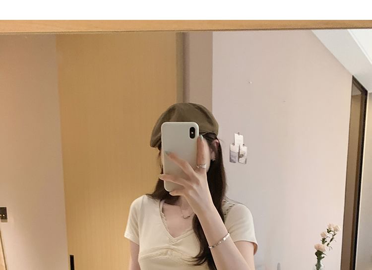 V-Neck Lace Trimmed Tee Short Sleeve