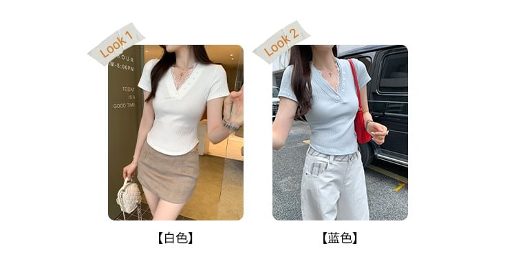 V-Neck Lace Ribbed Knit Short Sleeve