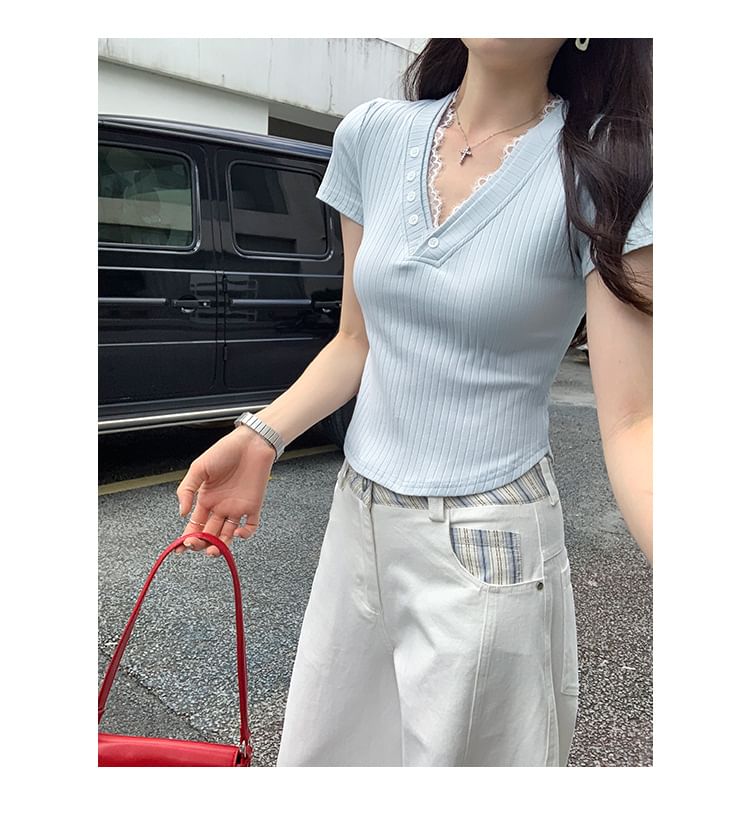 V-Neck Lace Ribbed Knit Short Sleeve