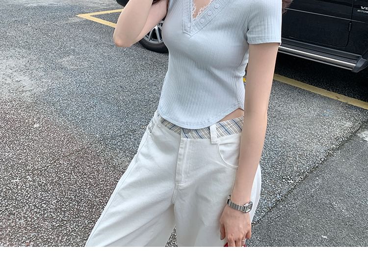 V-Neck Lace Ribbed Knit Short Sleeve