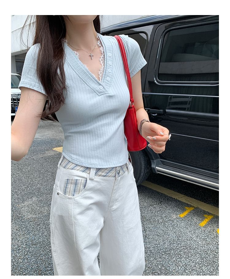 V-Neck Lace Ribbed Knit Short Sleeve