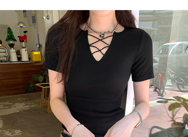 Short-Sleeve V-Neck Lace Tee