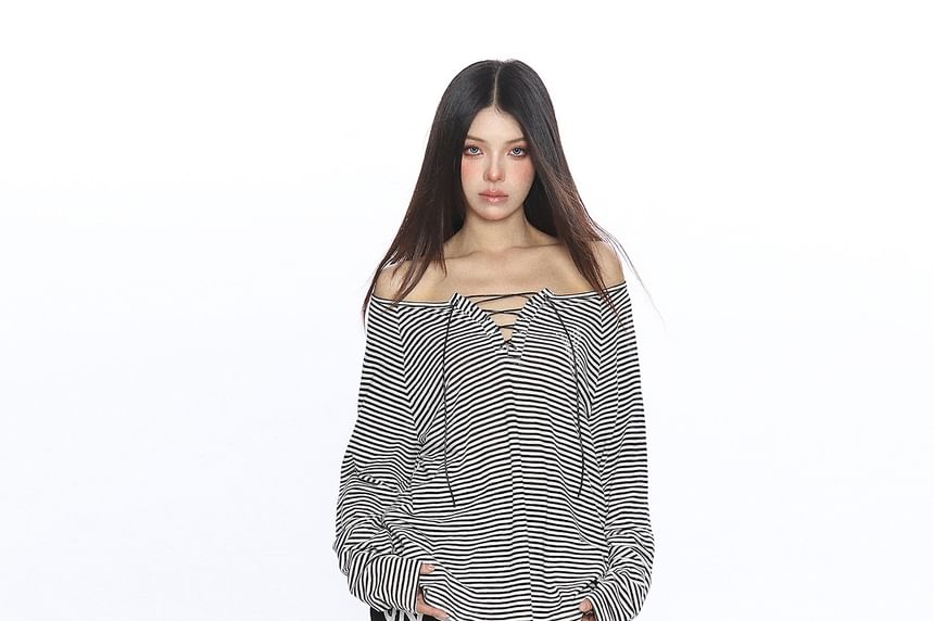 Off-Shoulder Striped Rhinestone Lace Tee