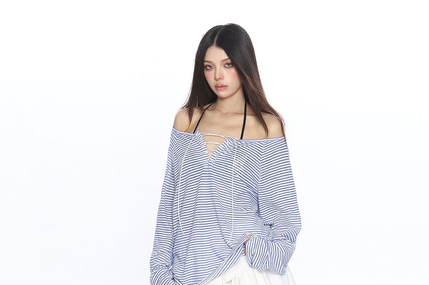 Off-Shoulder Striped Rhinestone Lace Tee
