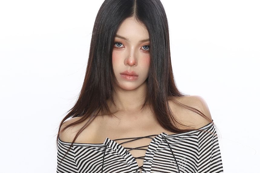 Off-Shoulder Striped Rhinestone Lace Tee