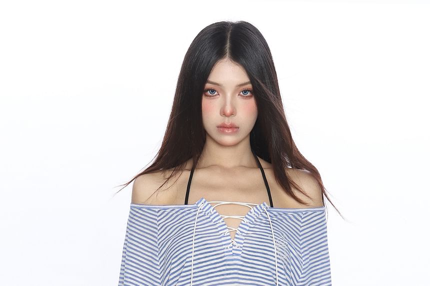 Off-Shoulder Striped Rhinestone Lace Tee