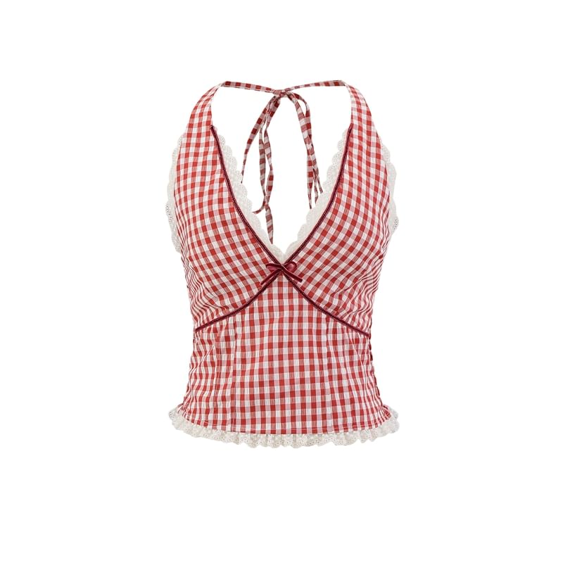 Halter Plaid Lace Trim Top