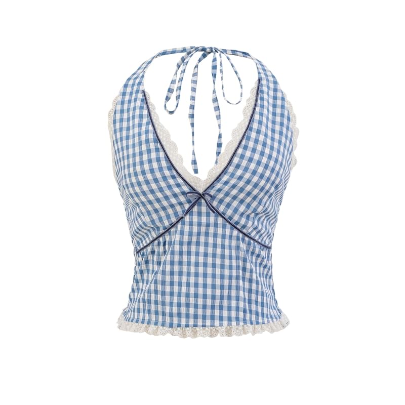 Halter Plaid Lace Trim Top