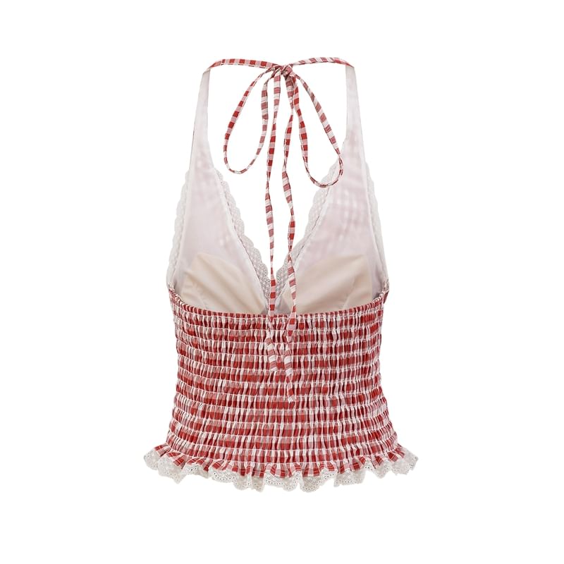 Halter Plaid Lace Trim Top