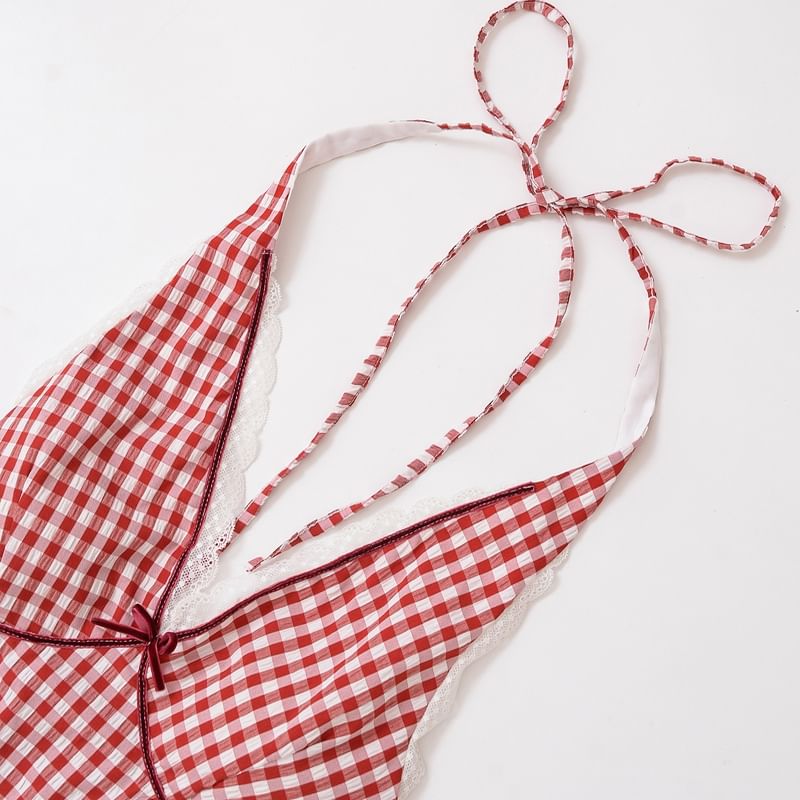 Halter Plaid Lace Trim Top