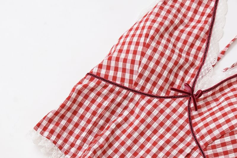 Halter Plaid Lace Trim Top