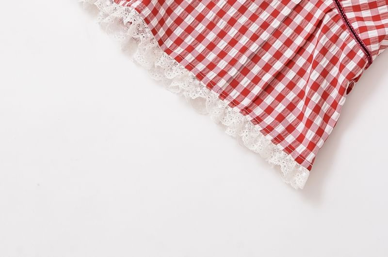 Halter Plaid Lace Trim Top