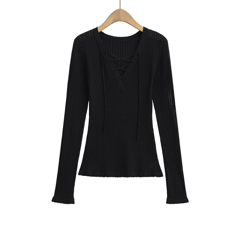 V-Neck Lace Up Ribbed Knit Long Sleeve