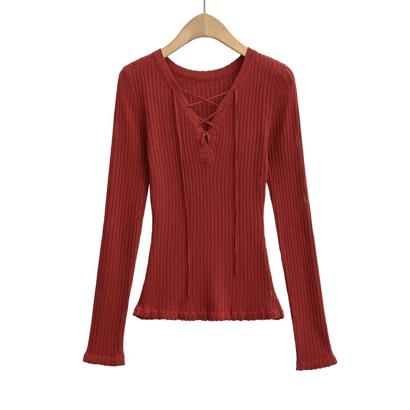 V-Neck Lace Up Ribbed Knit Long Sleeve