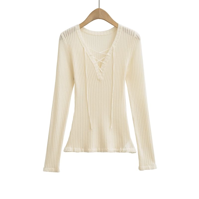 V-Neck Lace Up Ribbed Knit Long Sleeve