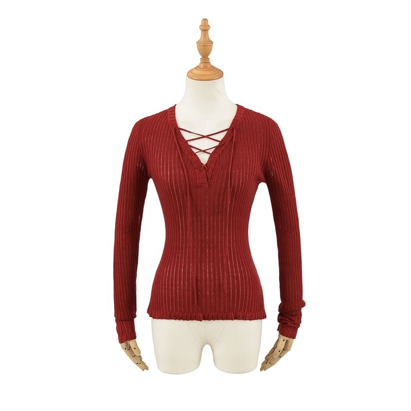 V-Neck Lace Up Ribbed Knit Long Sleeve