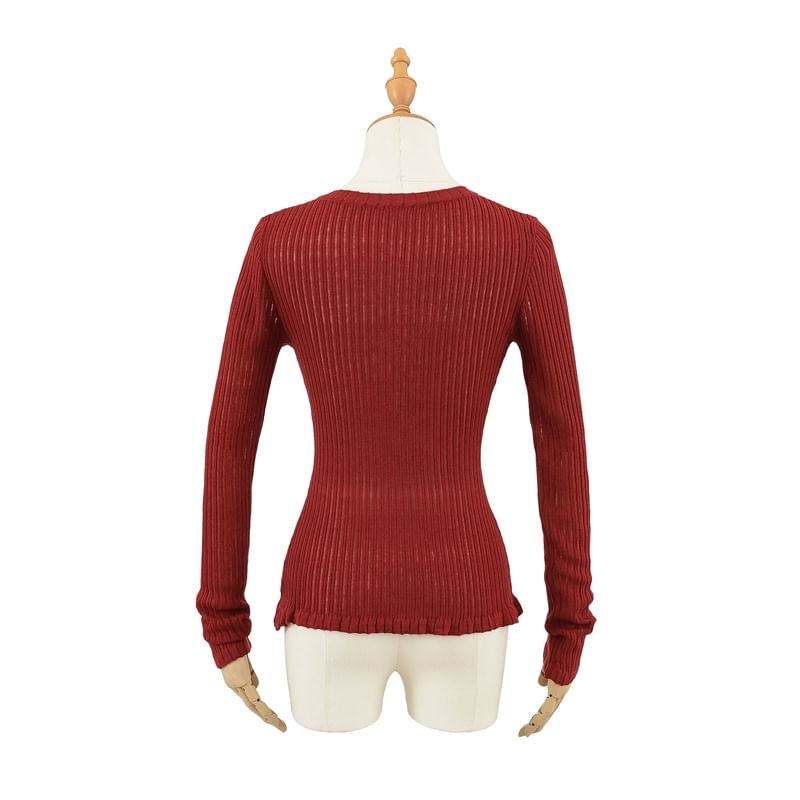 V-Neck Lace Up Ribbed Knit Long Sleeve