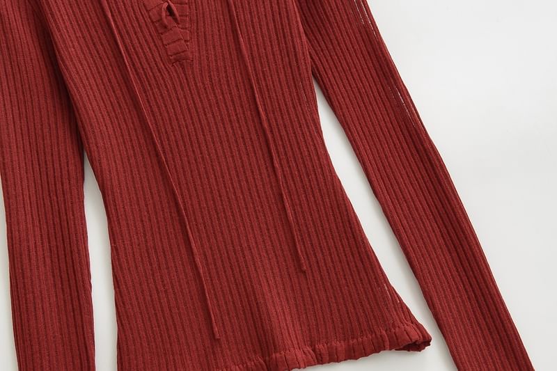 V-Neck Lace Up Ribbed Knit Long Sleeve